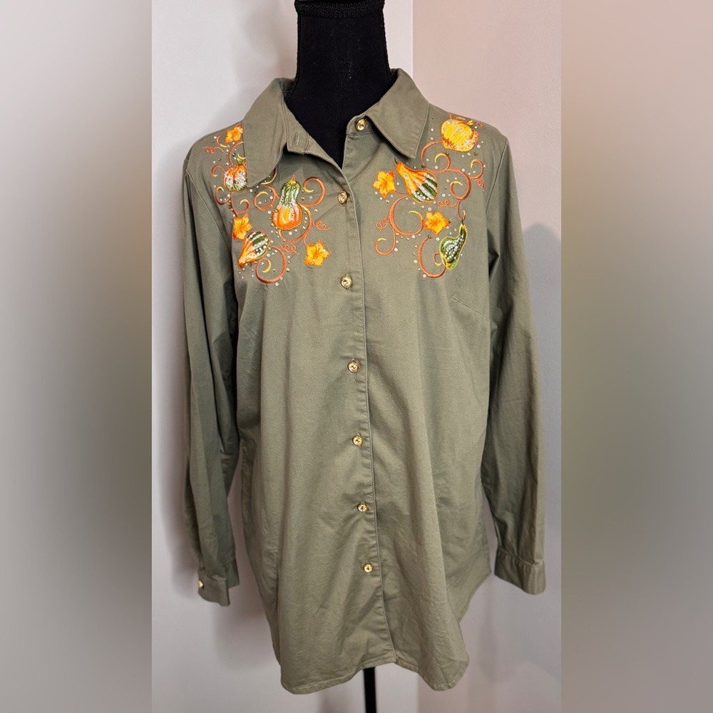 Women's Quacker Factory Olive Green Small‎ Top Farmcore Harvest Cottagecore